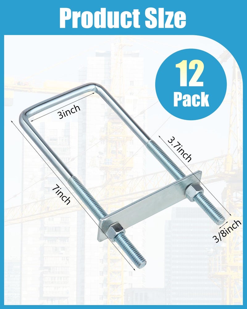 AOKLIT Store 12 Pcs Square u-Bolts Zinc Plated, U Bolt Carbon Steel for Household, Tube, Industrial Supplies(3/8'' x 3'' x 7'') - Image 2